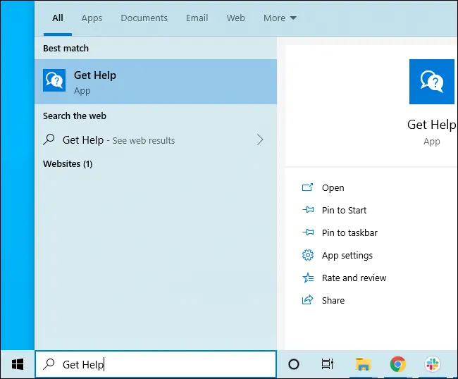 Buscando Obtener ayuda en el menú Inicio de Windows 10