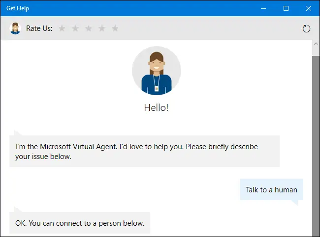 Solicitar al agente de soporte virtual un representante humano en Windows 10