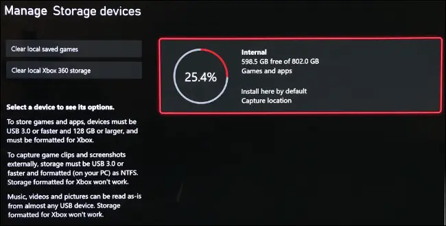 La pantalla "Administrar dispositivos de almacenamiento" en Xbox Series X.
