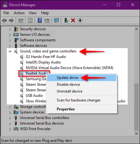 Controlador de audio de actualización de Windows 10