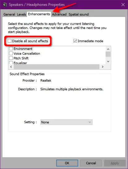 Windows 10 deshabilitar efectos de sonido