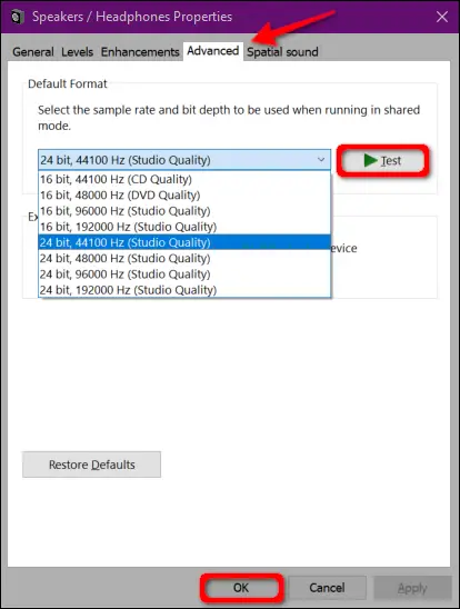 Windows 10 Cambiar formato de audio
