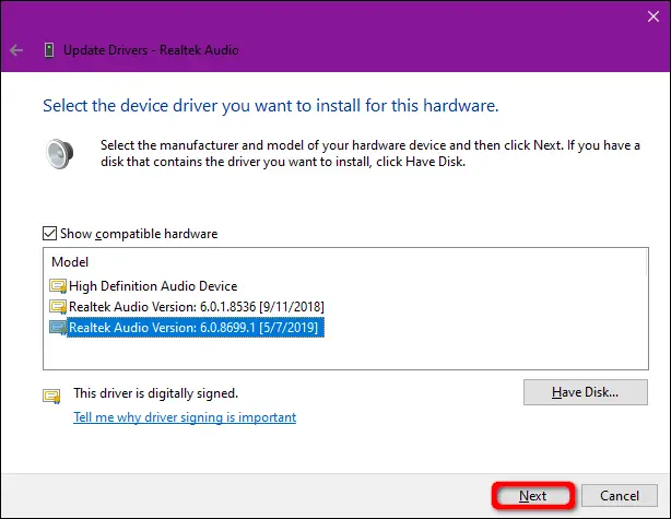 Windows 10 Seleccione el controlador de la lista