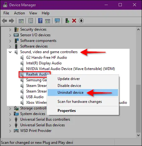 Desinstalar dispositivo de audio de Windows 10