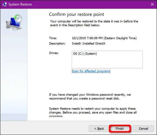 Windows 10 Confirmar punto de restauración