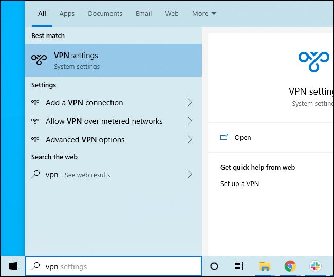 Buscando en el menú Inicio de Windows 10 la configuración de VPN