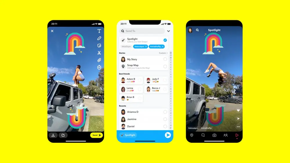 Tres iphones que muestran el nuevo servicio Spotlight de Snapchat.
