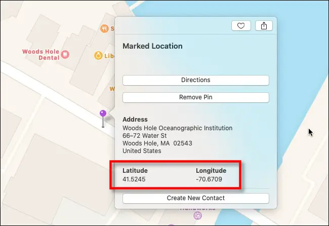 En la ventana de información de ubicación marcada en Apple Maps en Mac, verá la latitud y la longitud.