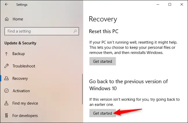 Haga clic en "Comenzar" para volver a la versión anterior de Windows 10
