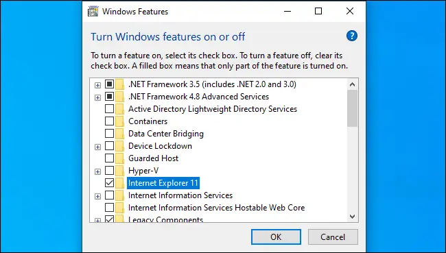 Habilitación de Internet Explorer desde las características de Windows.