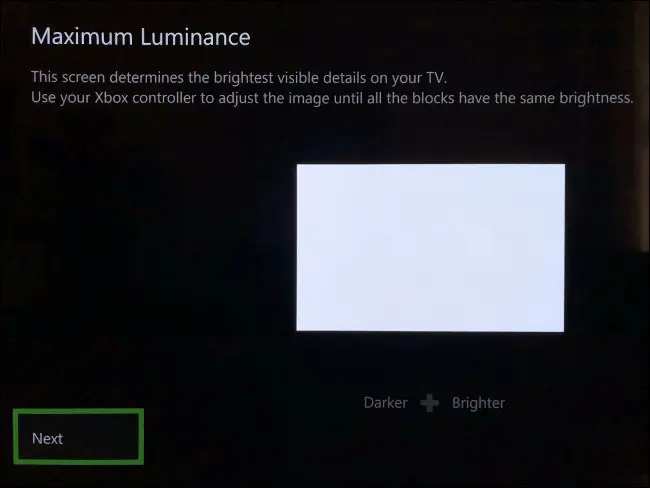 La sección "Luminancia máxima" de la calibración de HDR para juegos en Xbox Series X y S.