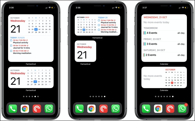 Widgets fantásticos y de calendario en tres iPhones.