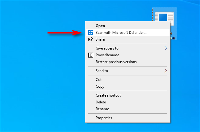 Seleccione Escanear con Microsoft Defender en el menú contextual en Windows 10