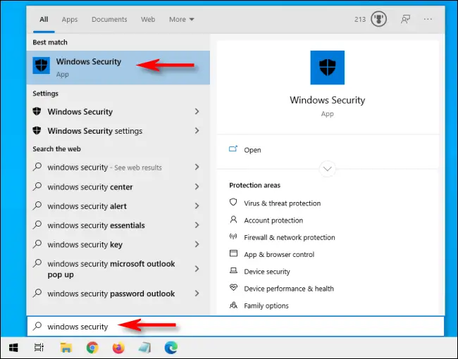 Abra Inicio y escriba Seguridad de Windows en Windows 10