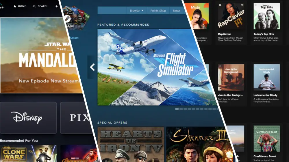 Capturas de pantalla de la página de inicio de Disney +, Steam Storefront y la página de inicio de Spotify.